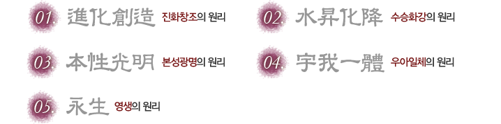 진화창조의 원리, 수승화강의 원리, 본성광명의 원리, 우아일체의 원리, 영생의 원리